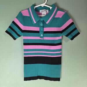 Cotton Emporium Womens Teal Cotton Pullover Striped Short Sleeve Collared Top XS